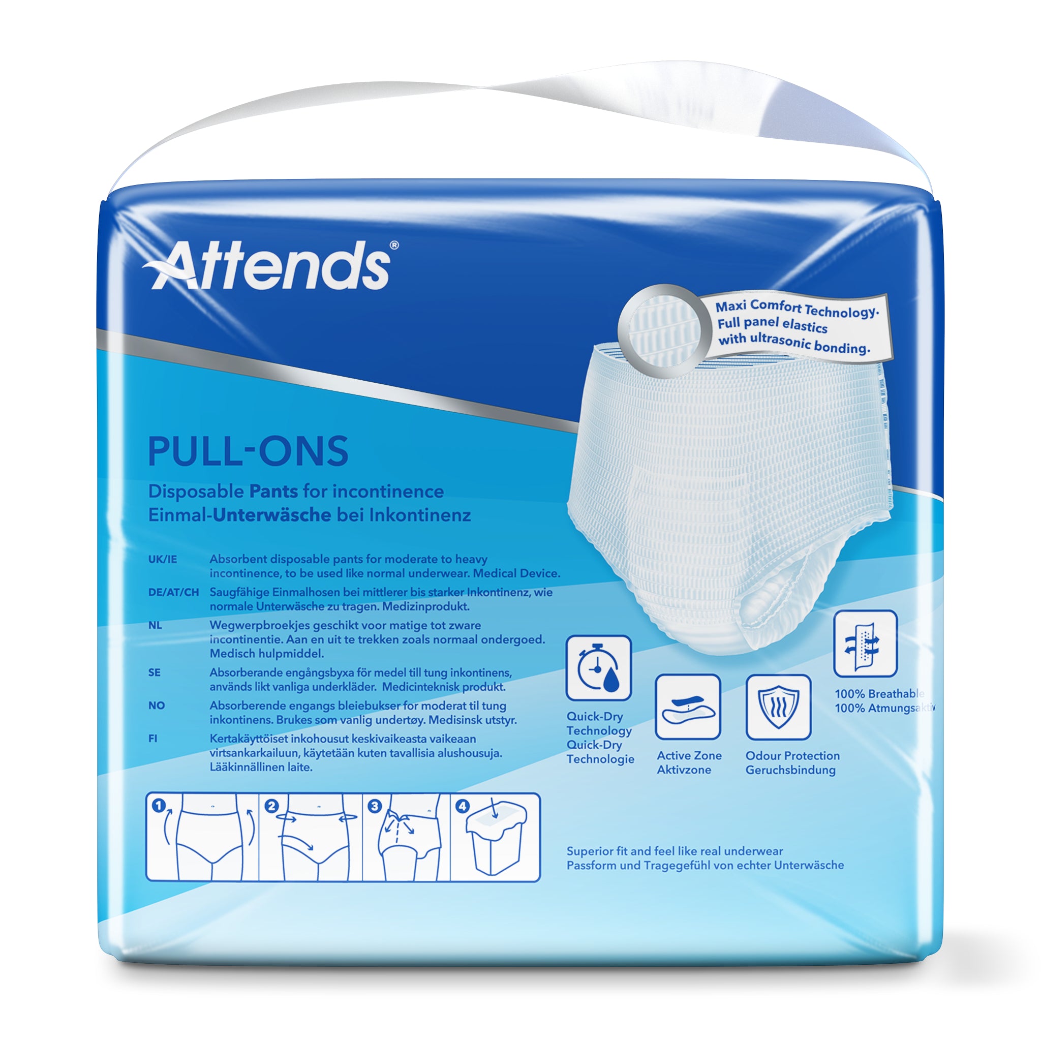 Attends Pull-ons in size L, incontinence underwear for adults, pack of 18, shown in the image.
