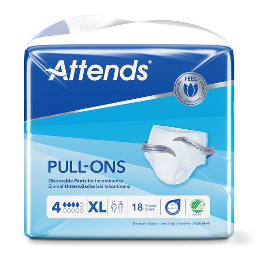 Pack of 18 Attends Pull-ons XL incontinence underwear, featuring four sizes for comfortable fit and discreet protection.