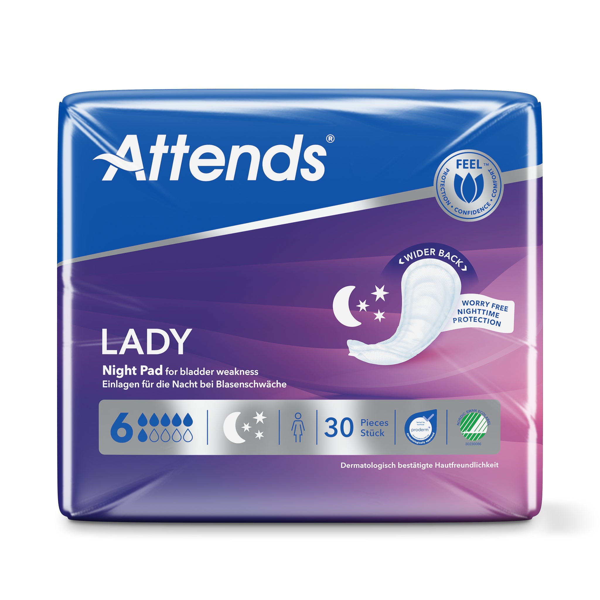Attends Lady night pad incontinent product, 6-pack of 30.00 Stuks, with absorbent design for nighttime incontinence care.