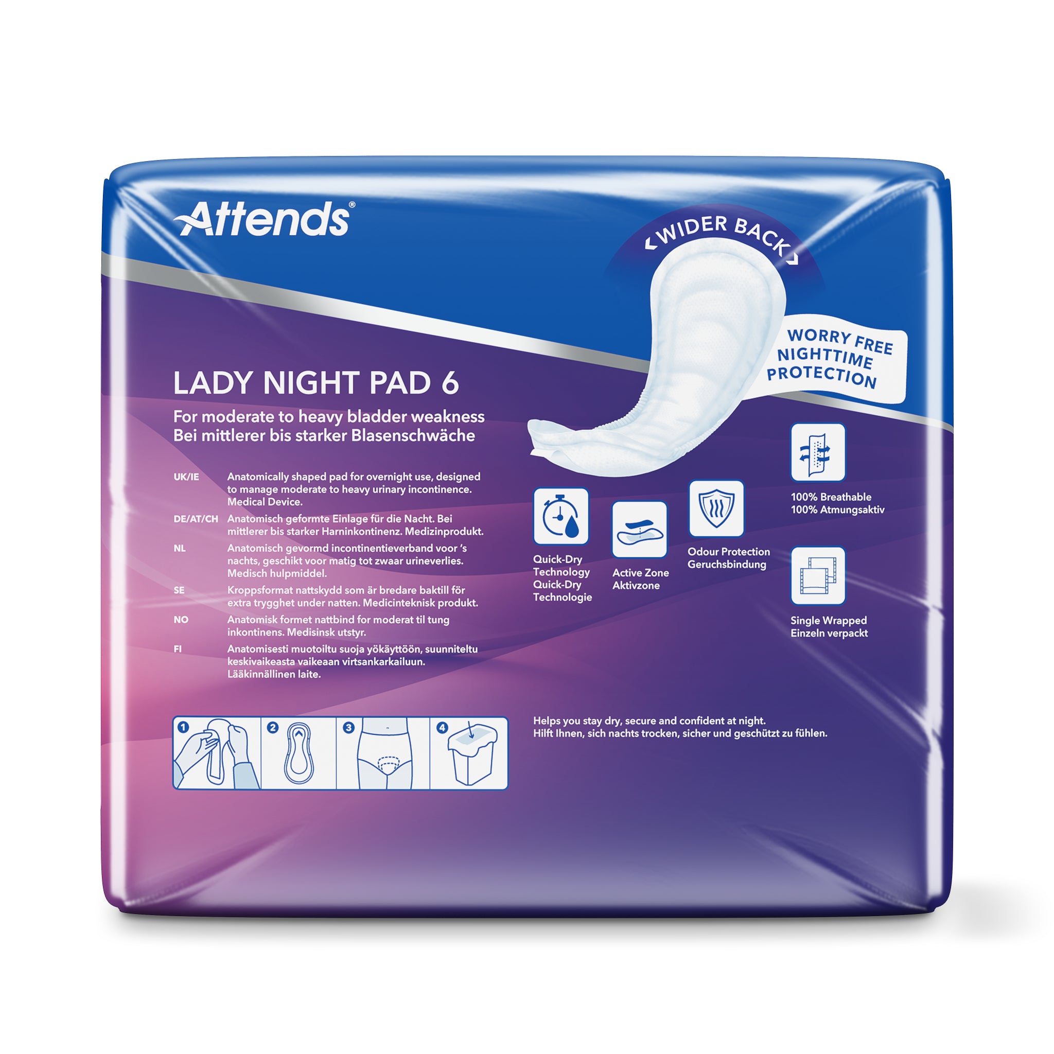 Attends Lady night pad, incontinentie product, 6-pack of absorbent incontinence pads by Attends, displayed in a box.