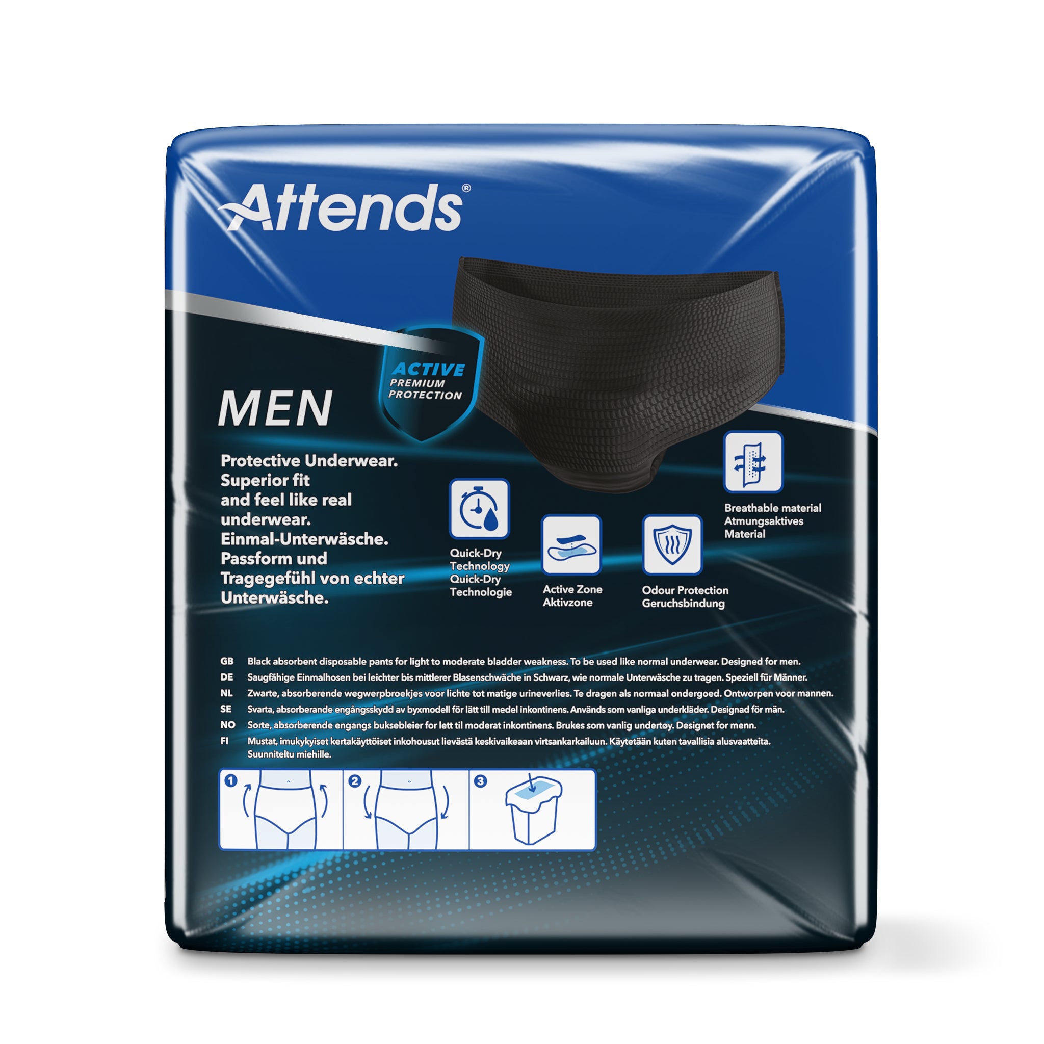 Attends Men discreet incontinent underwear in black, size L, 10-pack, shown in the image.
