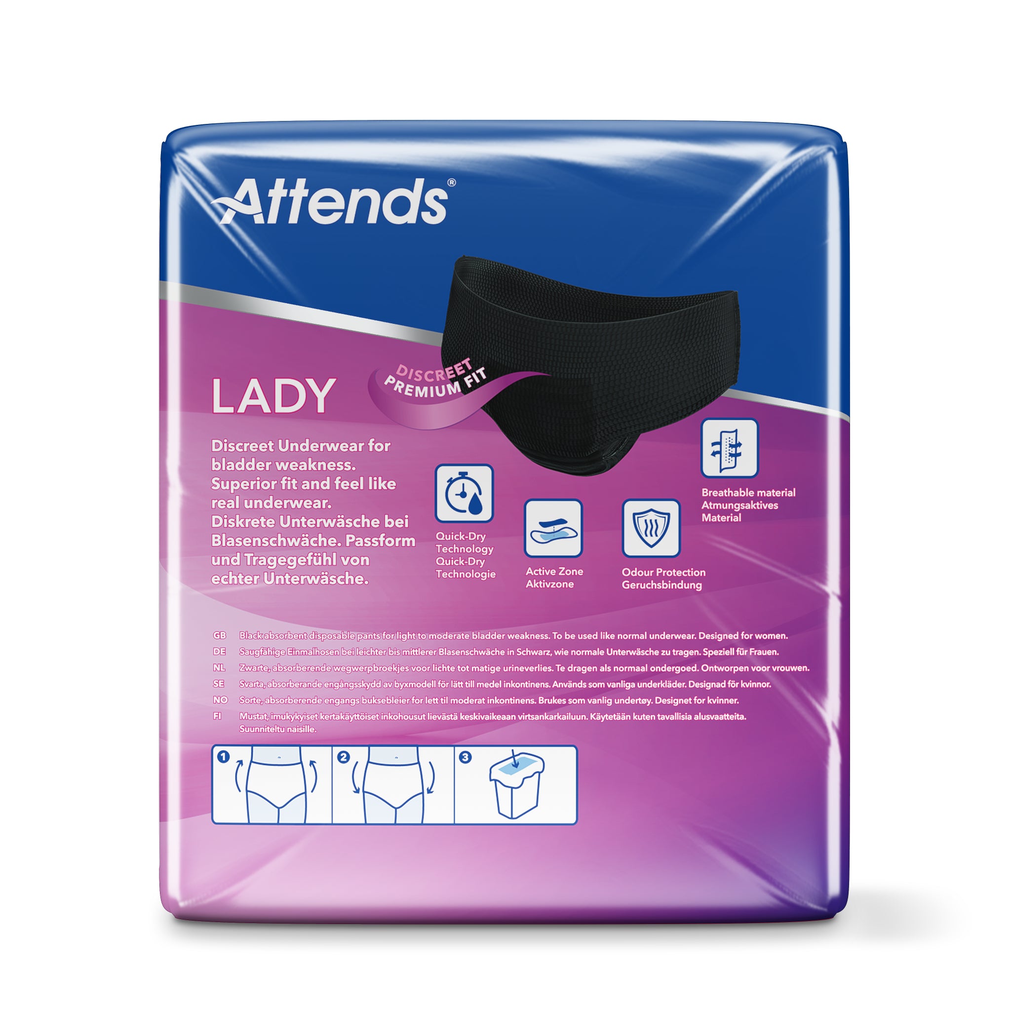 Attends Lady discreet incontinent underwear in black, 3M pack, showing the soft, discreet fabric designed for comfort and protection.