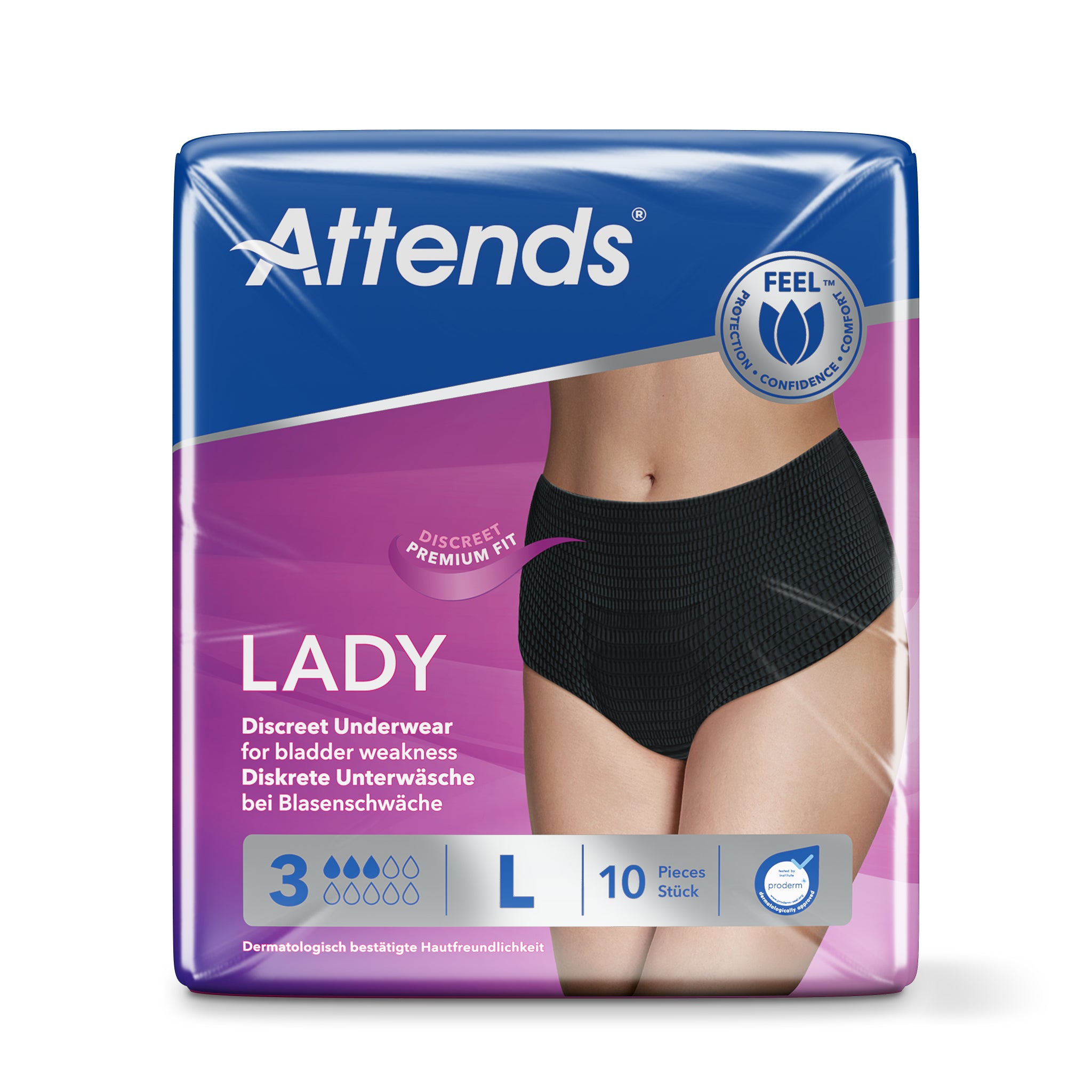Attends Lady discreet black underwear in 3L size, designed for women, shown with discreet fit and comfortable fabric.
