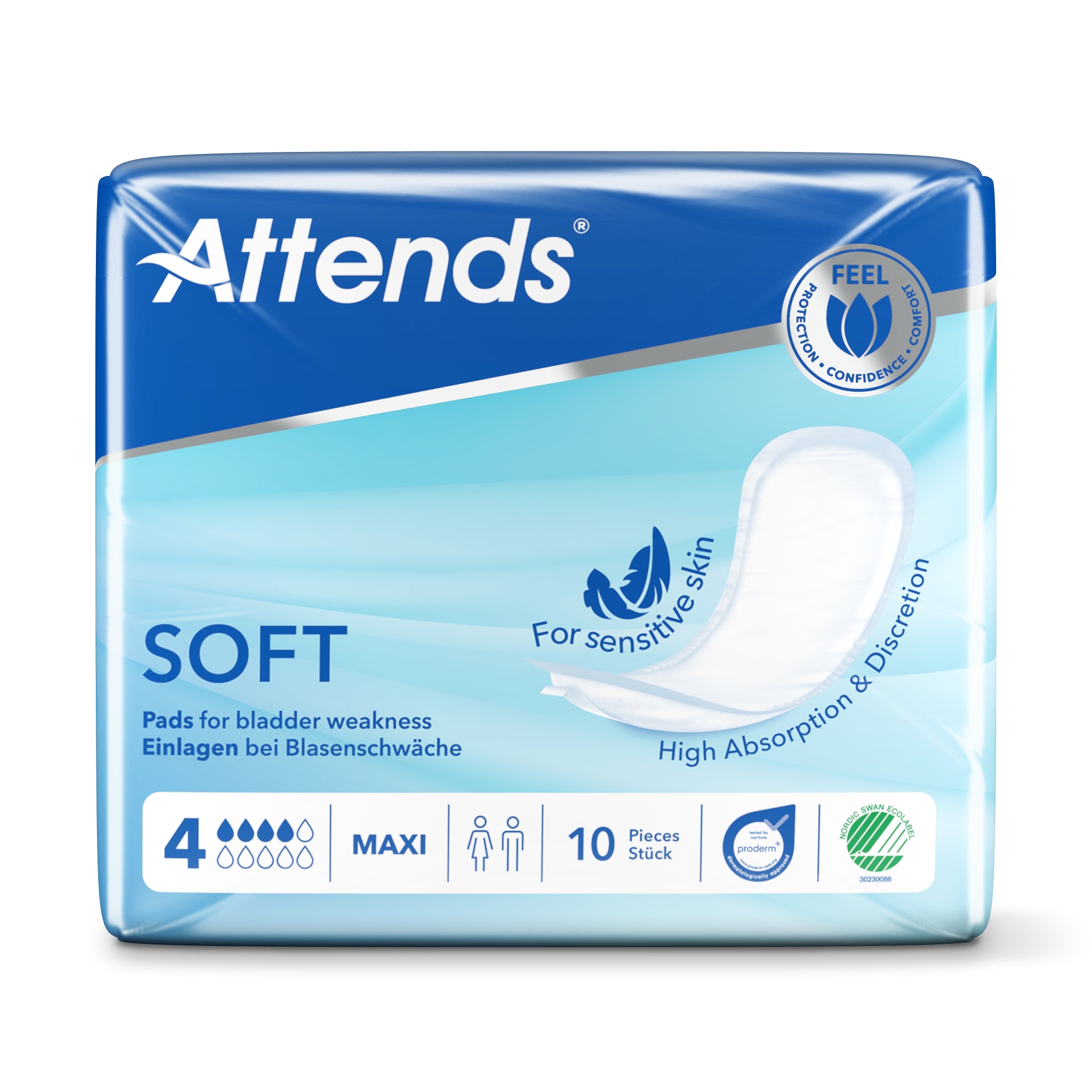 Attends Inlegger soft maxi incontinent pads, 10-pack, featuring discreet, absorbent incontinence protection with soft material.