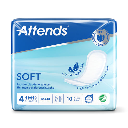 Attends Inlegger soft maxi incontinent pads, 10-pack, featuring discreet, absorbent incontinence protection with soft material.