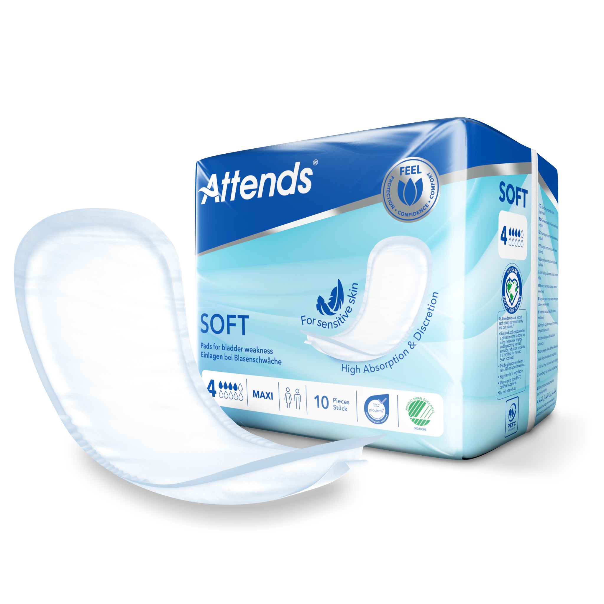 Attends Inlegger soft maxi incontinent pads, 10-pack, designed for comfort and absorbency in discreet incontinence management.