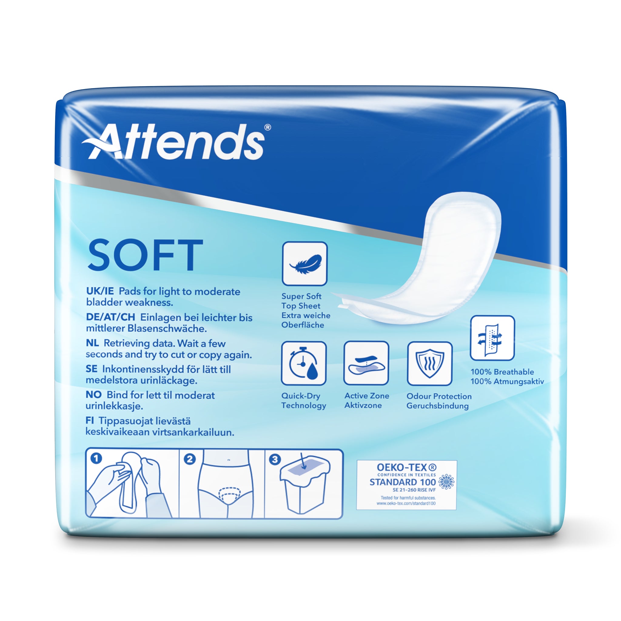 Attends Inlegger soft maxi incontinent pads, pack of 10, designed for comfortable incontinence protection.
