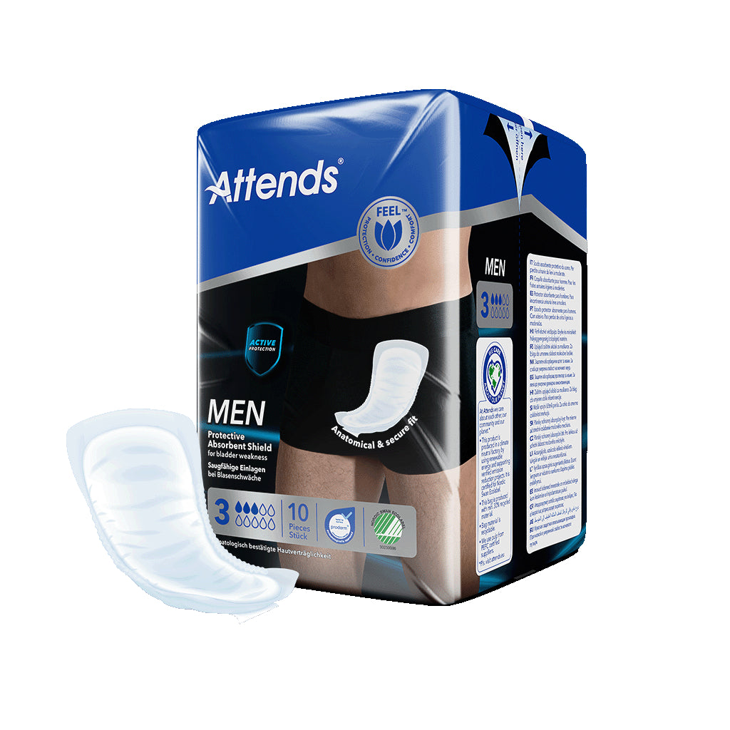 Attends Men Soft Shield incontinence pads, pack of 10, designed for discreet protection and comfort for men.