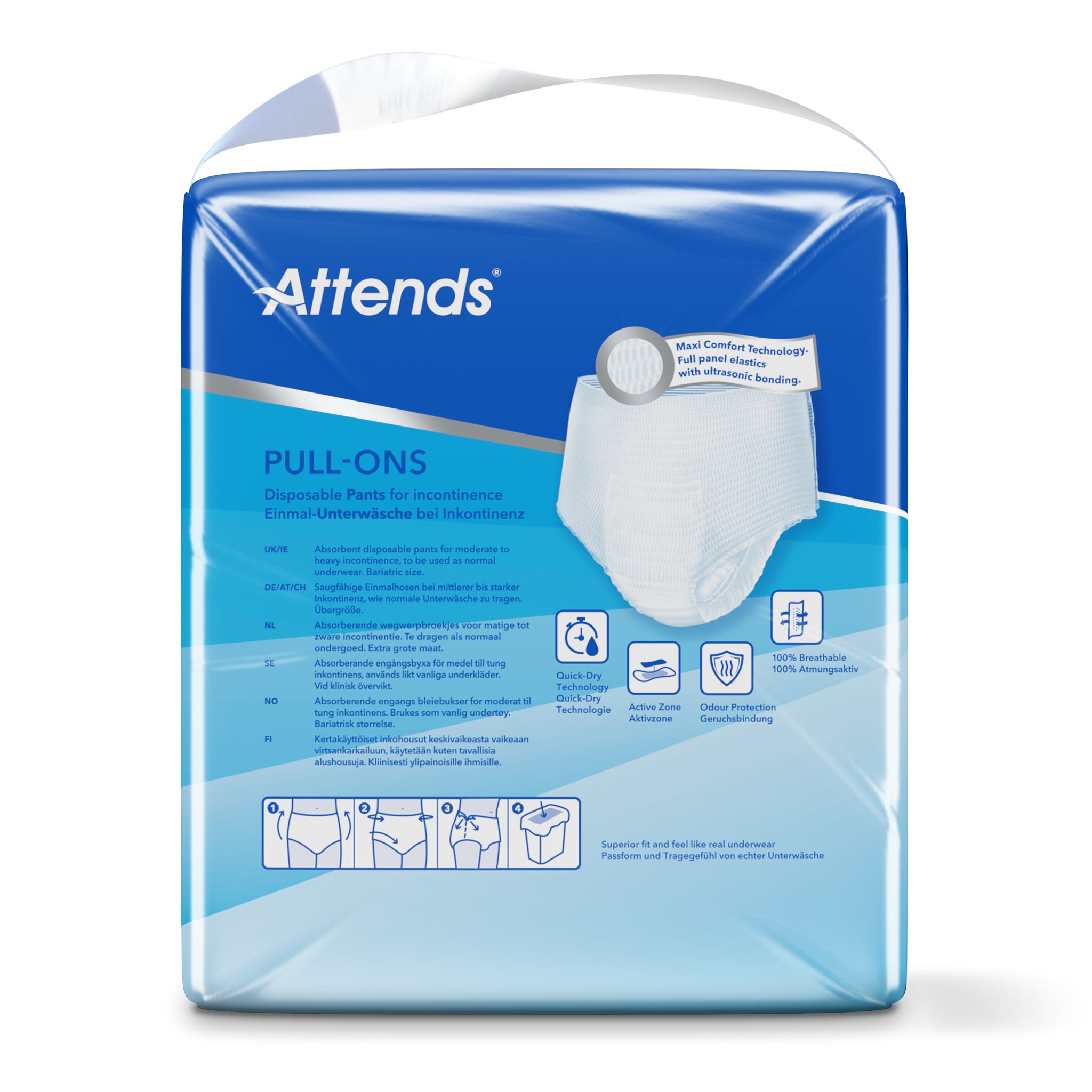 Attends Pull-ons XXL incontinence underwear for adults, 10-pack, incontinence protection, soft and discreet fit.