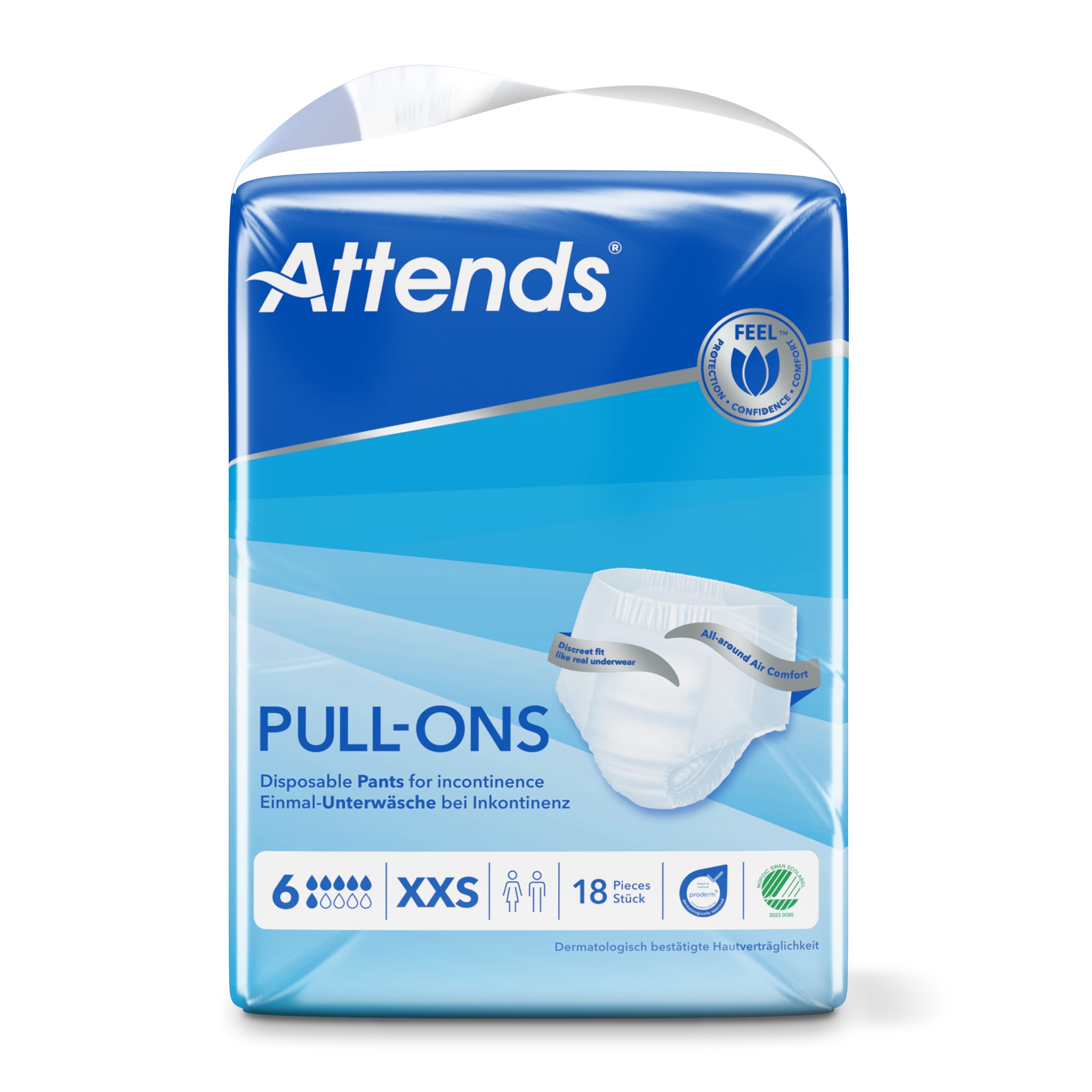 Attends Pull-ons in XXS size, pack of 18, designed for incontinence, showing the white disposable incontinence briefs.