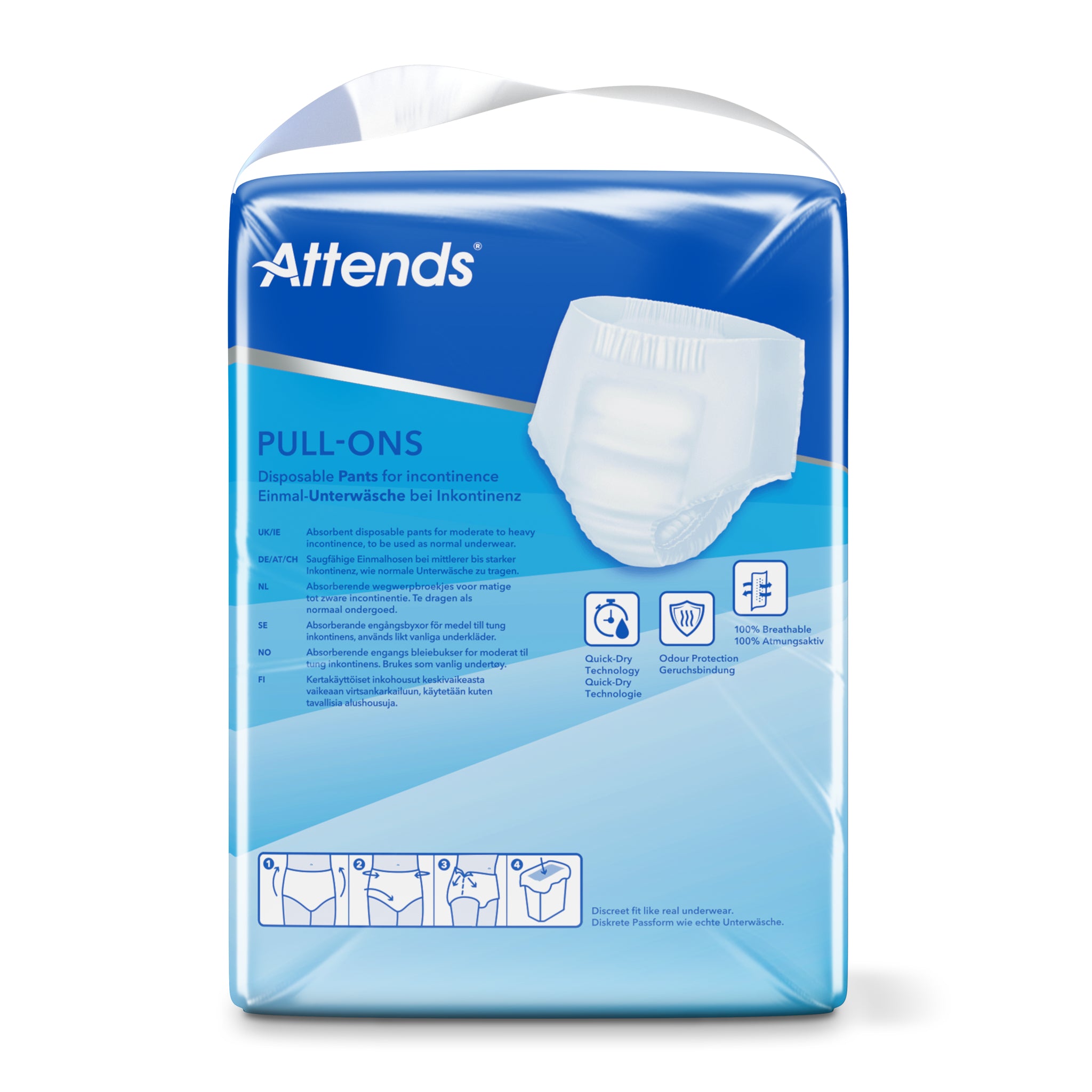 Attends Pull-ons incontinent diapers in size XXS, package of 18, for discreet incontinence management.