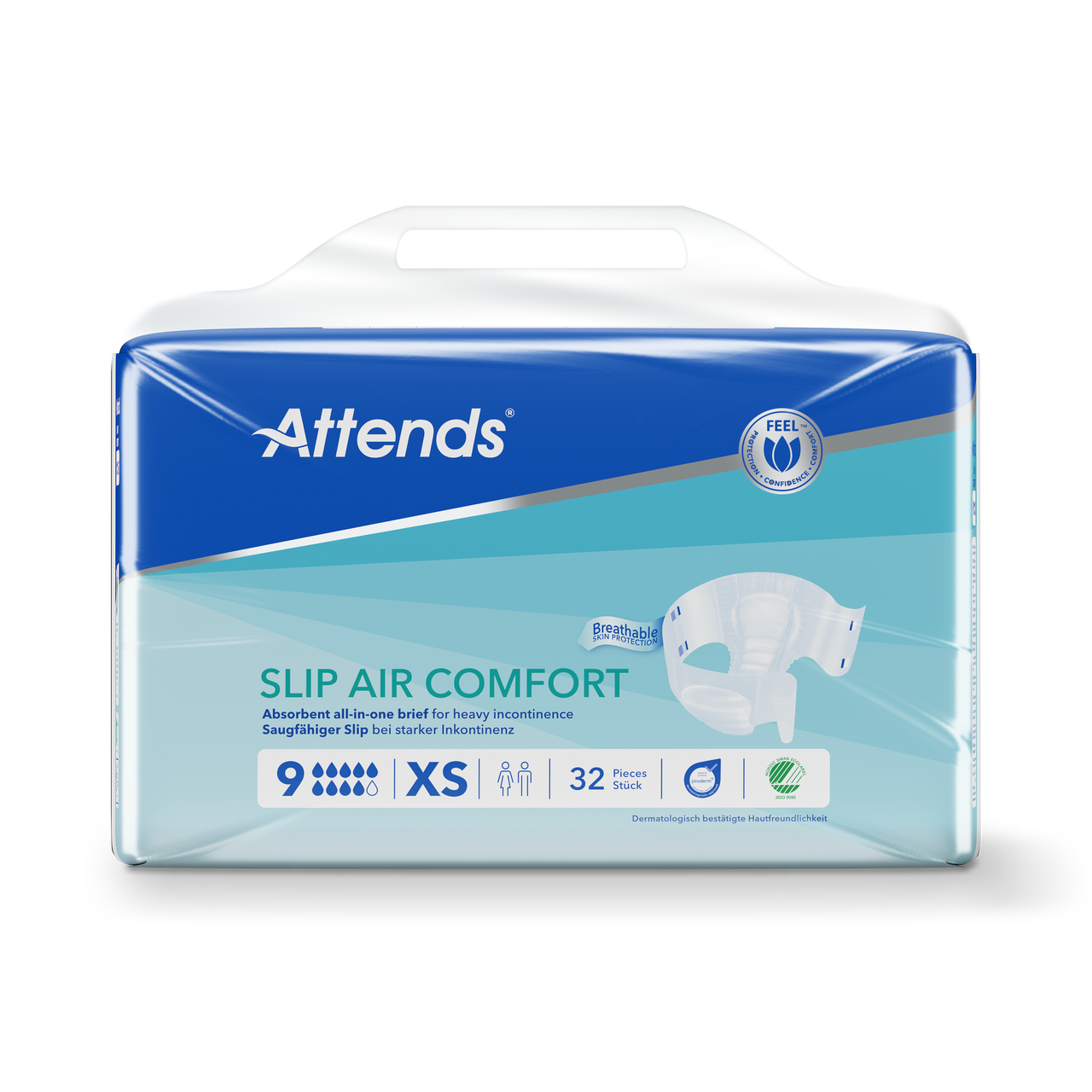 Attends Slip Air Comfort XS incontinence underwear for women, 32 pack, featuring breathable material and discreet fit.