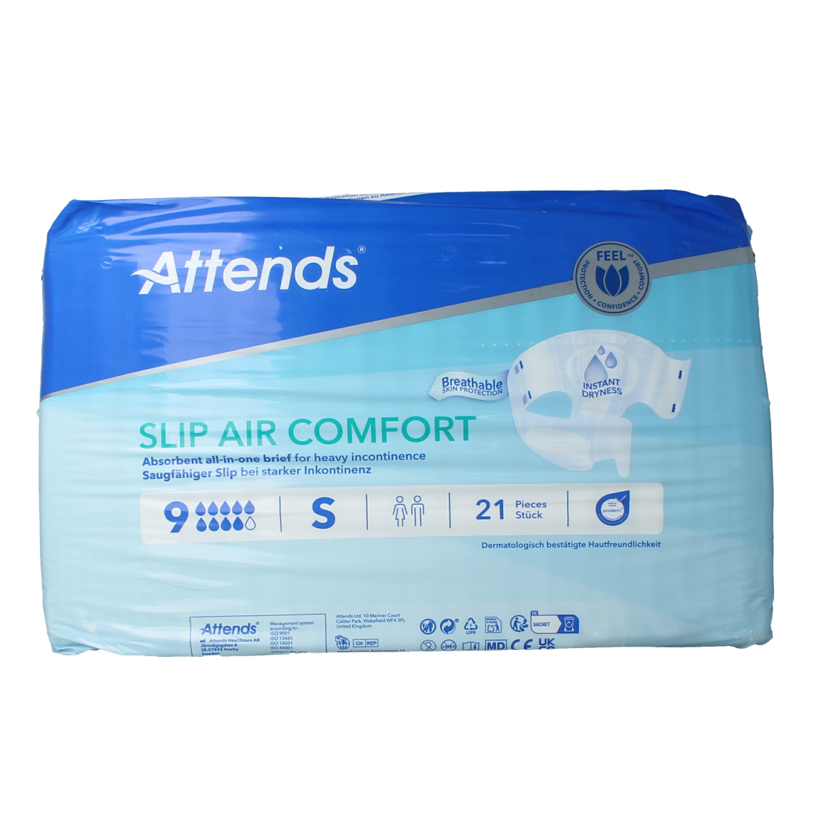 Attends Slip Air Comfort 9 Incontinence Pads, pack of 21, with breathable design and secure fit for discreet protection.