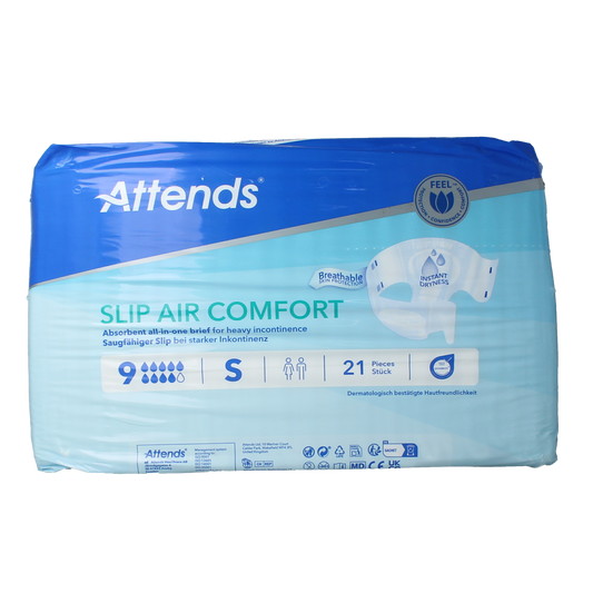 Attends Slip Air Comfort 9 Incontinence Pads, pack of 21, with breathable design and secure fit for discreet protection.