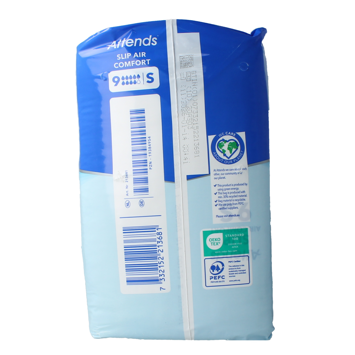 Attends Slip Air Comfort 9 incontinence pads, 21 pack, featuring breathable material and secure fit for discreet protection.