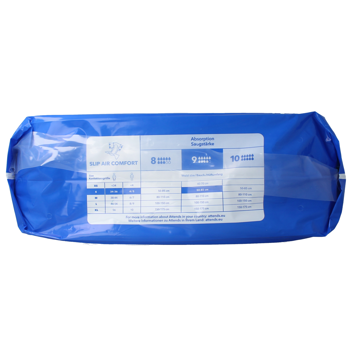 Attends Slip Air Comfort 9 incontinence pads, pack of 21, featuring breathable design and secure fit for discreet protection.