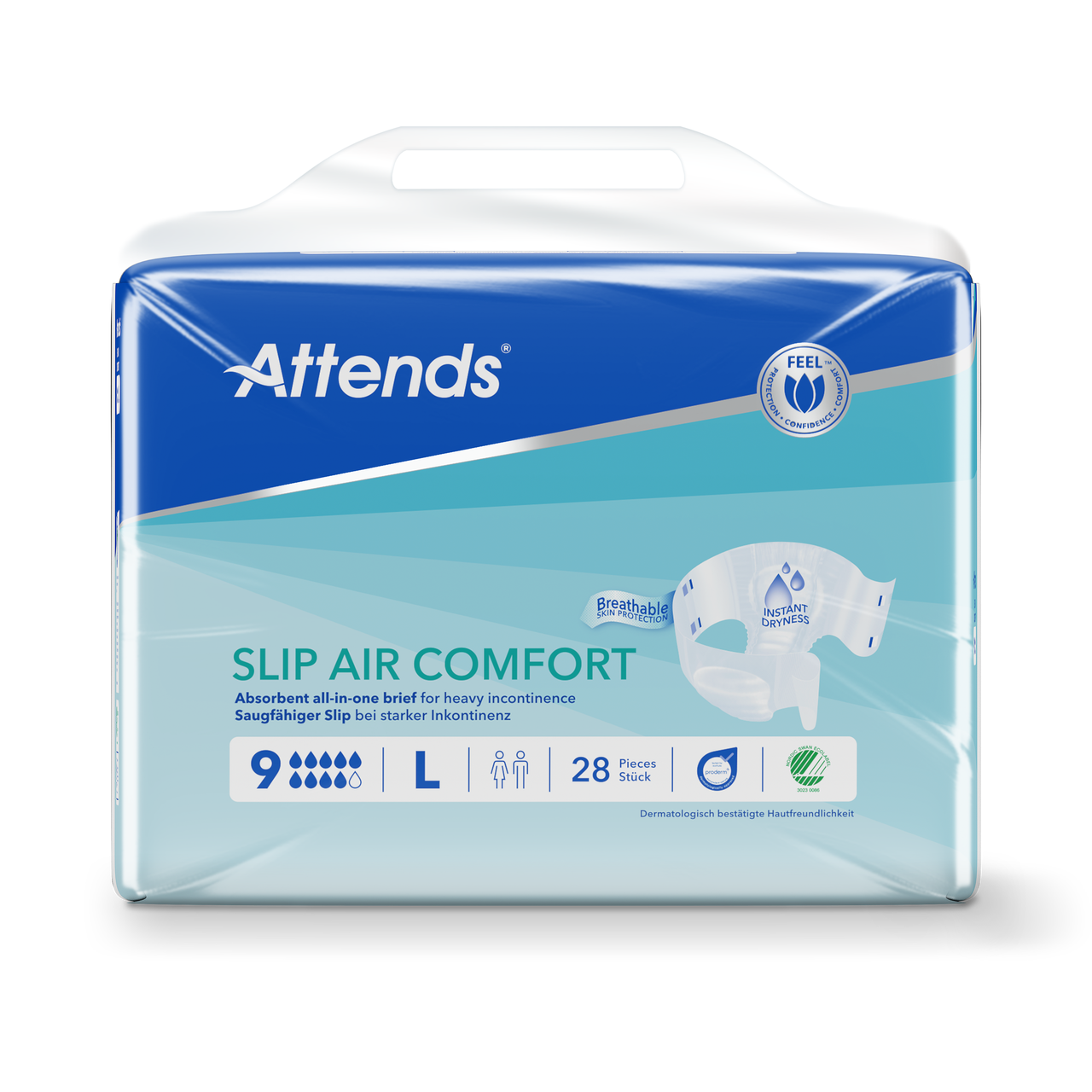 Attends Slip Air Comfort 9 large incontinence pads, 28-pack, with breathable design and secure fit for comfort and protection.