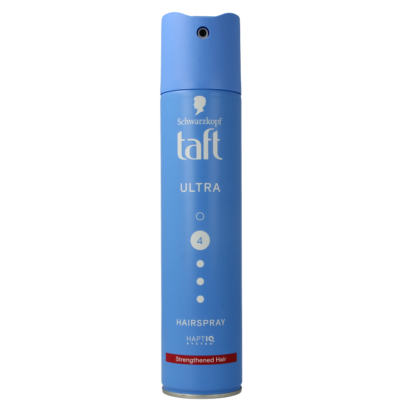 Taft Ultra Strong Hair Styling Spray in 250ml bottle, showcasing the aerosol can with branding and product label.