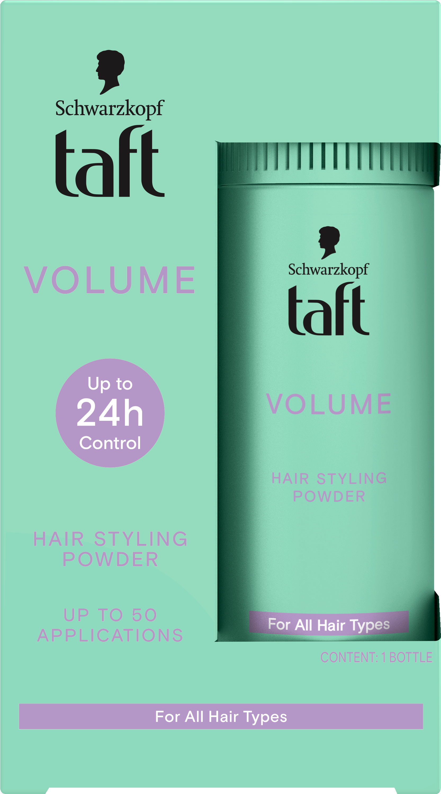 Taft Volume Powder hair styling product in 10g container, natural look, for added volume and texture in hair.