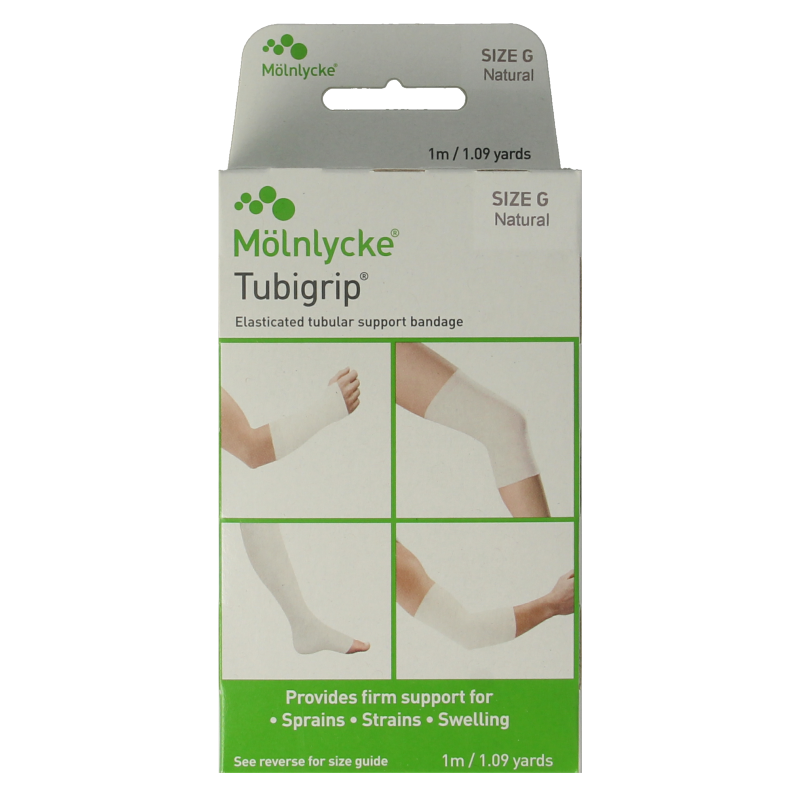 White Tubigrip elastic tubular bandage, 1 meter by 12cm, used for compression and support, shown in the image.