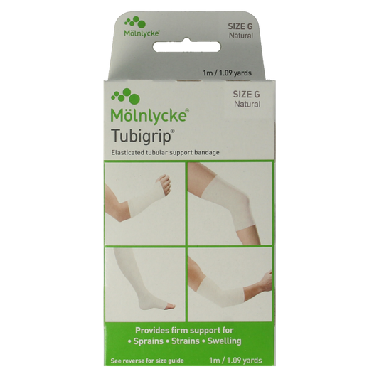 White Tubigrip elastic tubular bandage, 1 meter by 12cm, used for compression and support, shown in the image.