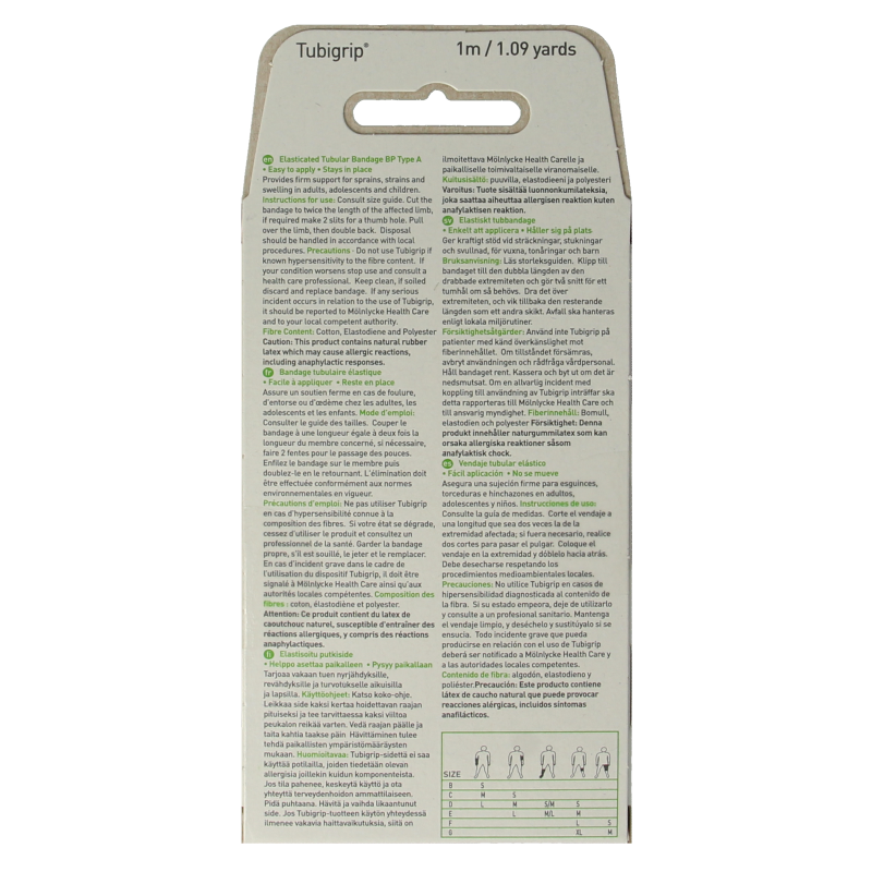White Tubigrip elastic tubular bandage, 1 meter by 12 cm, for compression and support, shown in the product image.