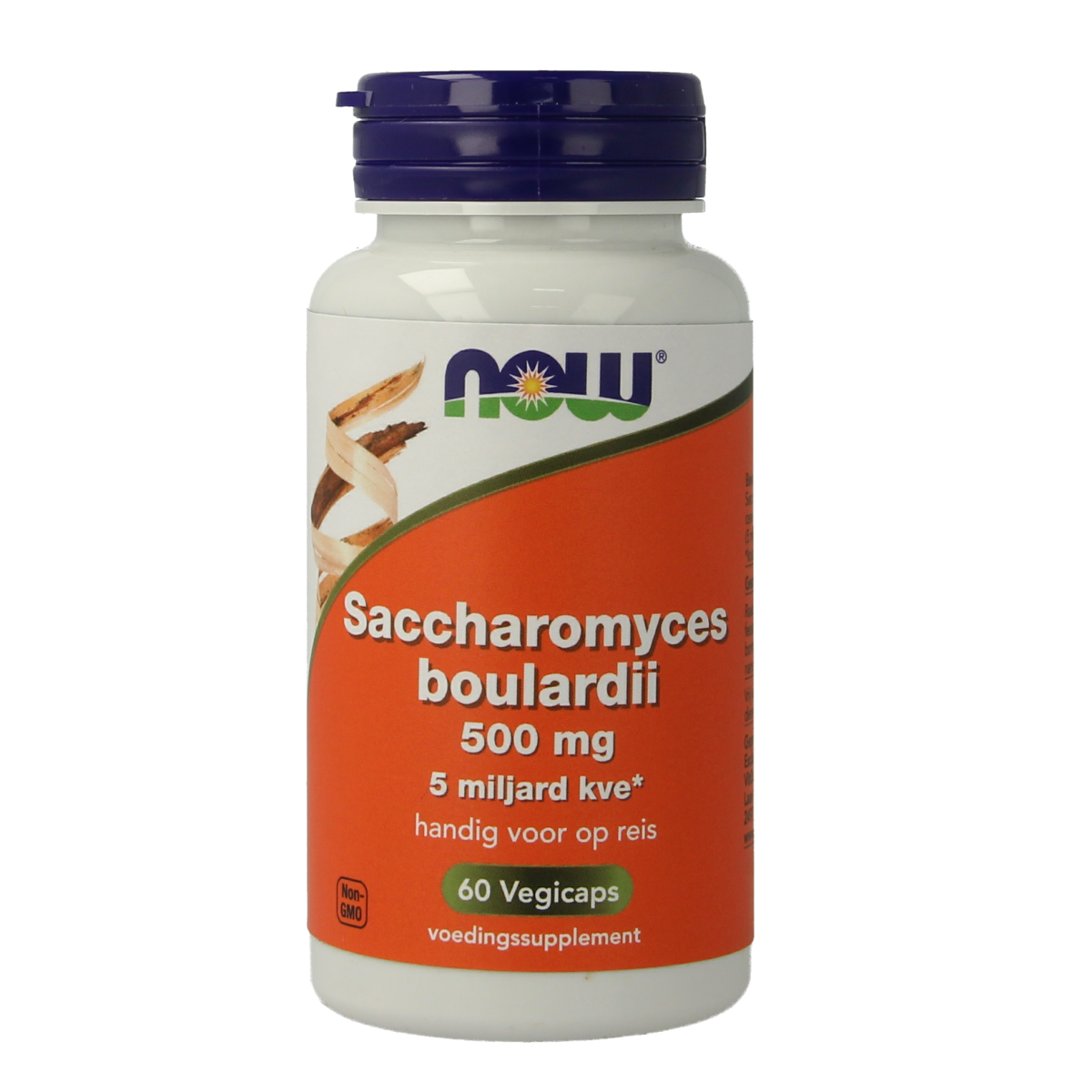 NOW Saccharomyces boulardii 500mg vegetarian capsules, micro-organisms supplement in a clear bottle with white cap.