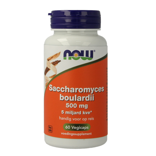 NOW Saccharomyces boulardii 500mg vegetarian capsules, micro-organisms supplement in a clear bottle with white cap.