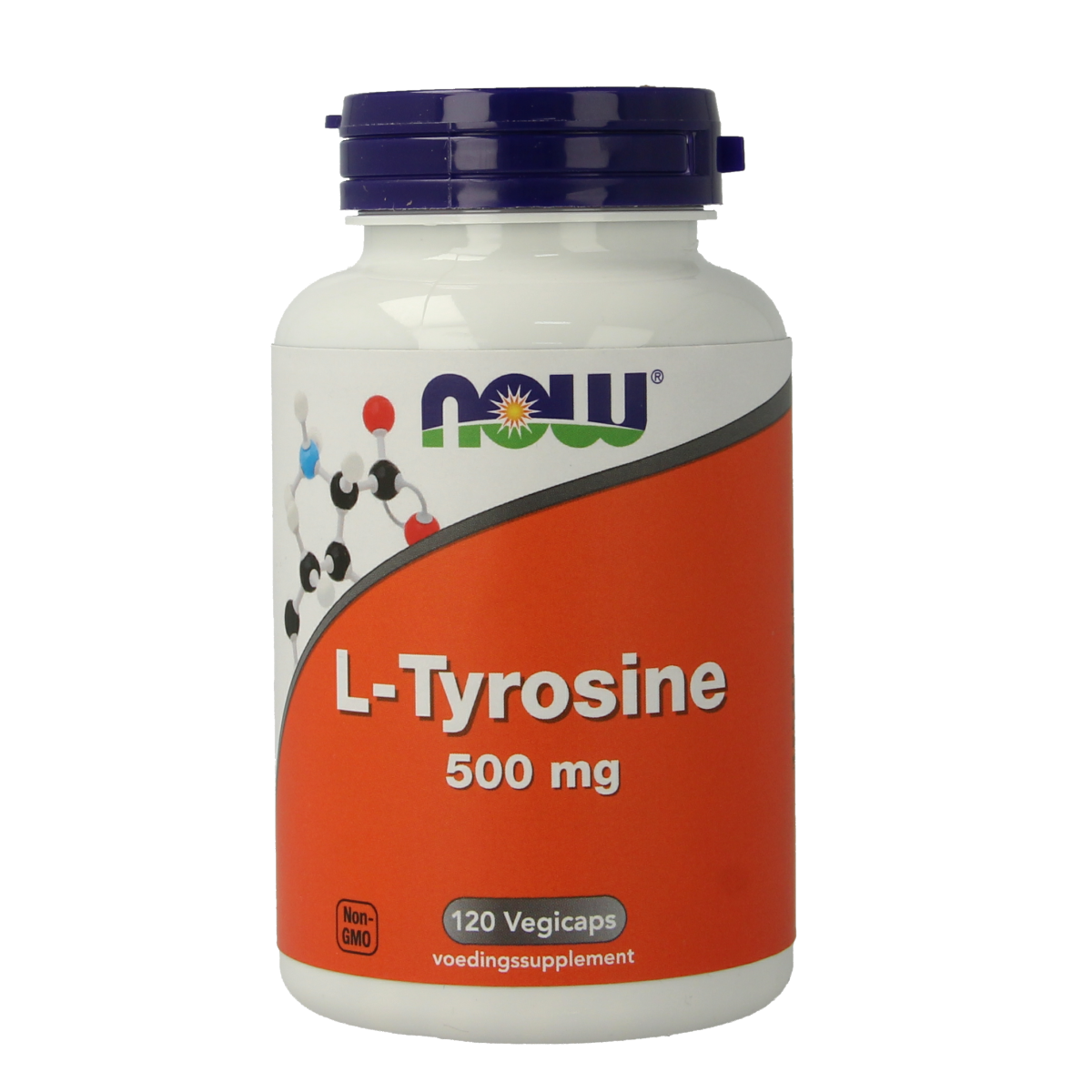 Vegetarian NOW L-Tyrosine 500mg capsules in a bottle, dietary amino acids supplement for mental focus and energy.