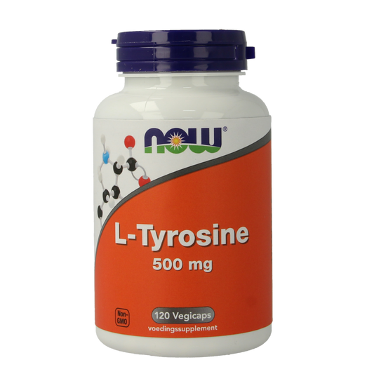 Vegetarian NOW L-Tyrosine 500mg capsules in a bottle, dietary amino acids supplement for mental focus and energy.