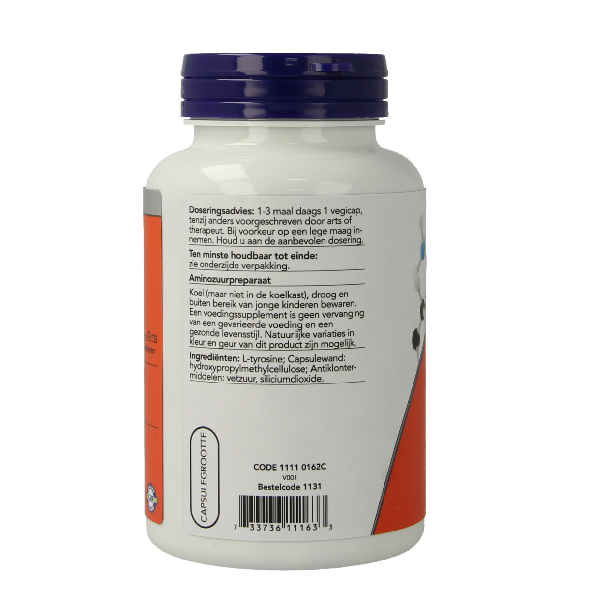 NOW L-Tyrosine 500mg vegetarian capsules, supplement bottle with capsules inside, dietary amino acid supplement from NOW brand.