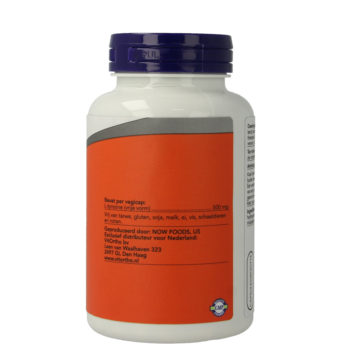 NOW L-Tyrosine 500mg vegetarian capsules, dietary supplement containing amino acids, shown in a close-up of the bottle and capsules.