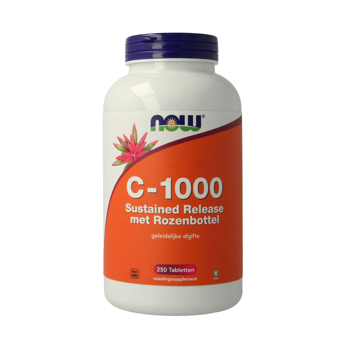 NOW C-1000 Sustained Release Vitamin Tablets with Rosehip, 250 count, showing the bottle and tablets inside a natural setting.