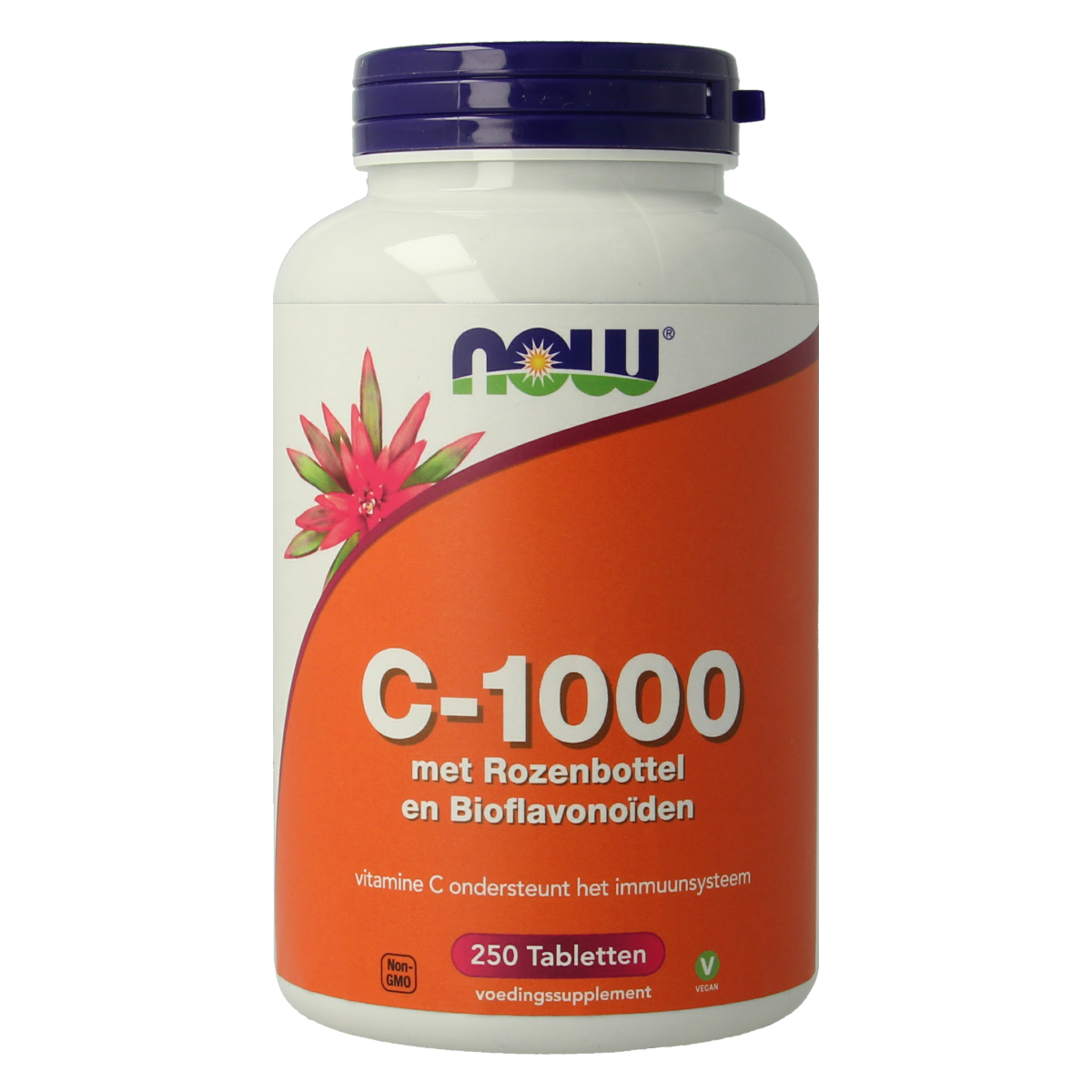 NOW Vitamin C-1000 tablets with rosehip and bioflavonoids, dietary supplement in a bottle, colorful tablet packaging.