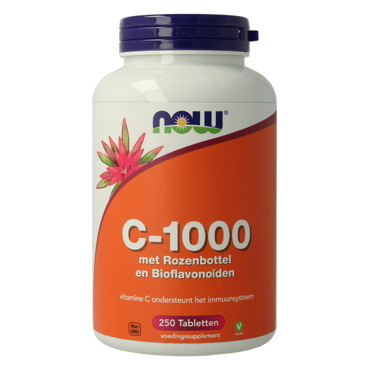 NOW Vitamin C-1000 tablets with rosehip and bioflavonoids, dietary supplement in a bottle, colorful tablet packaging.
