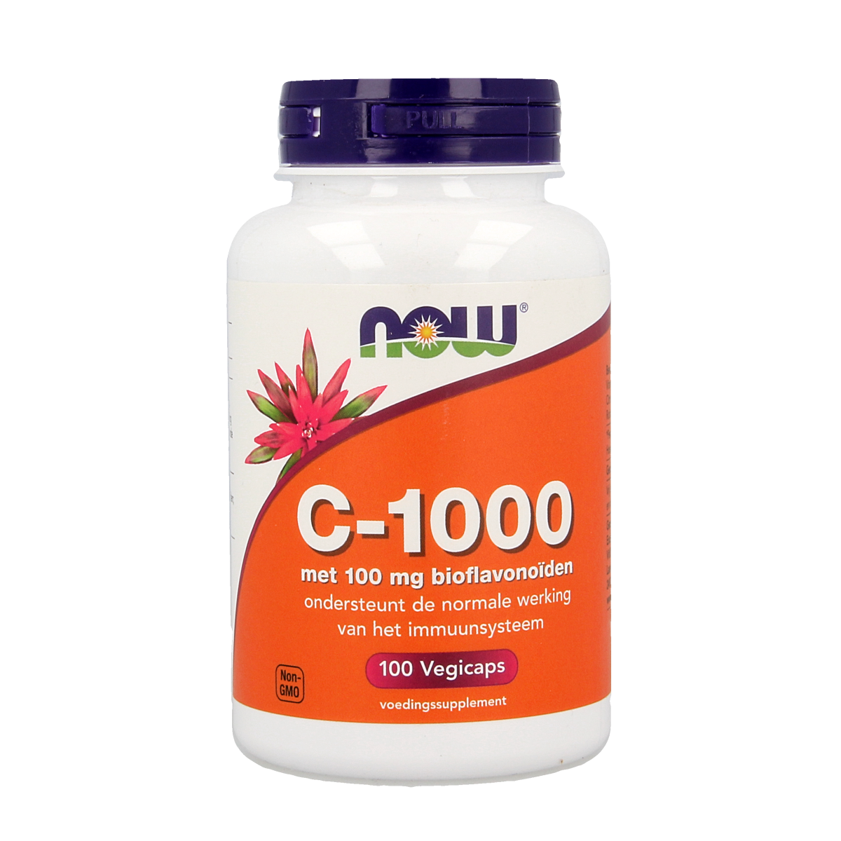 NOW Vitamine C 1000mg with bioflavonoids vegetarian capsules, showing the supplement bottle with label and capsules inside.
