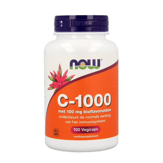NOW Vitamine C 1000mg with bioflavonoids vegetarian capsules, showing the supplement bottle with label and capsules inside.