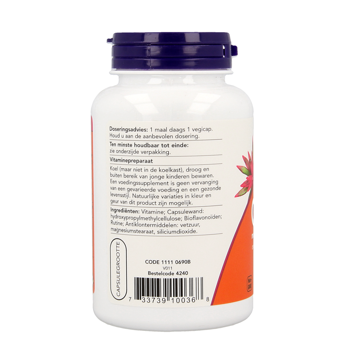 NOW Vitamine C 1000mg bioflavonoids vegetarian capsules, dietary supplement with bright orange capsules on a plain background.