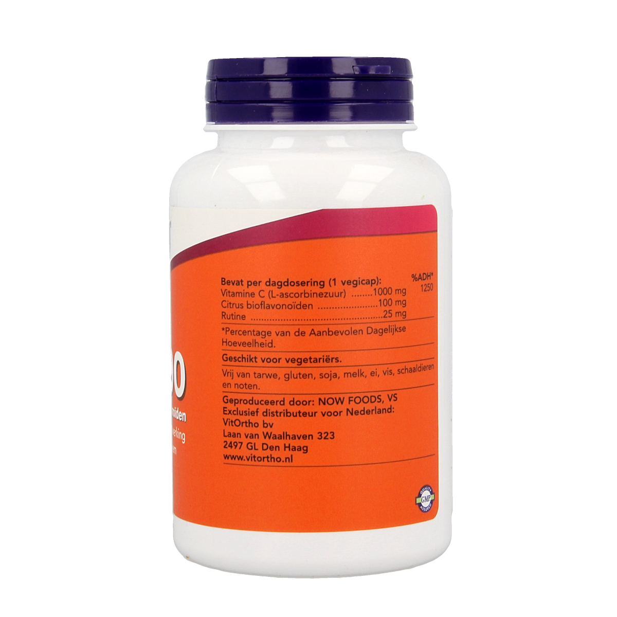 NOW Vitamin C 1000mg with bioflavonoids vegetarian capsules, close-up view of the supplement bottle.