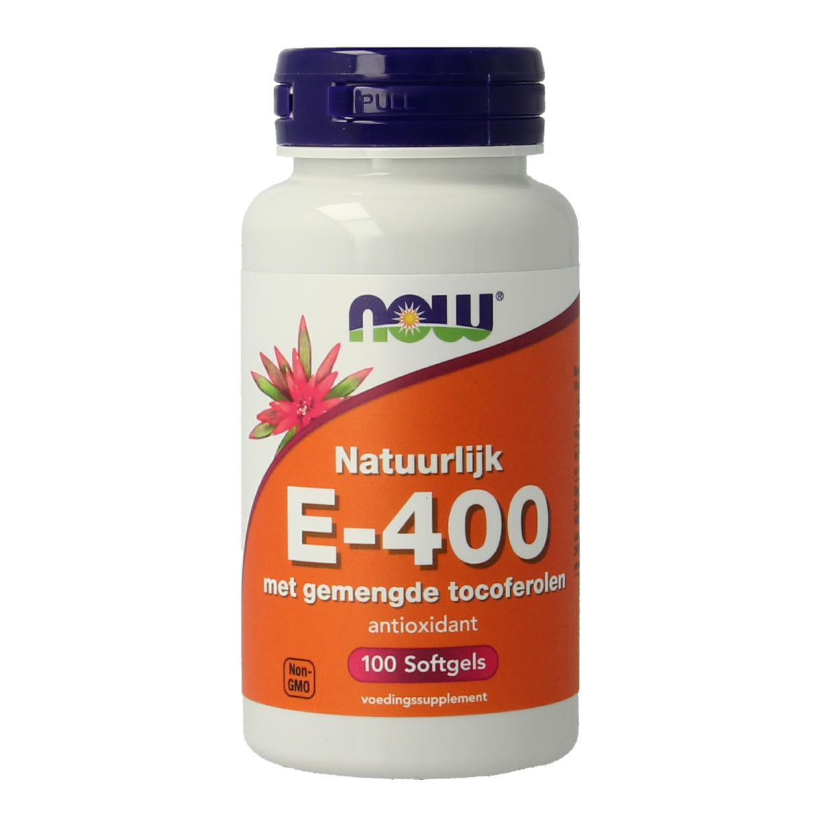 NOW Vitamine E-400 softgels with mixed tocopherols, supplement in a clear bottle showing 100 capsules.