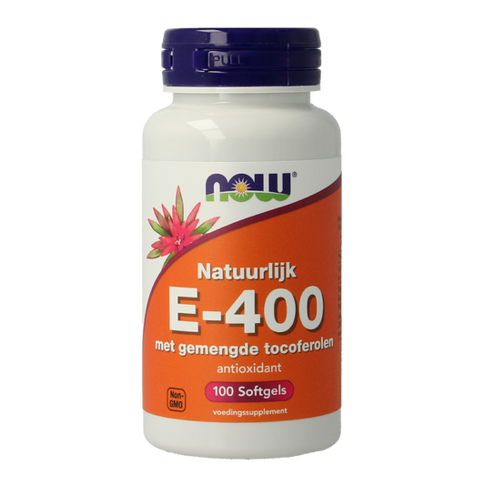 NOW Vitamine E-400 softgels with mixed tocopherols, supplement in a clear bottle showing 100 capsules.