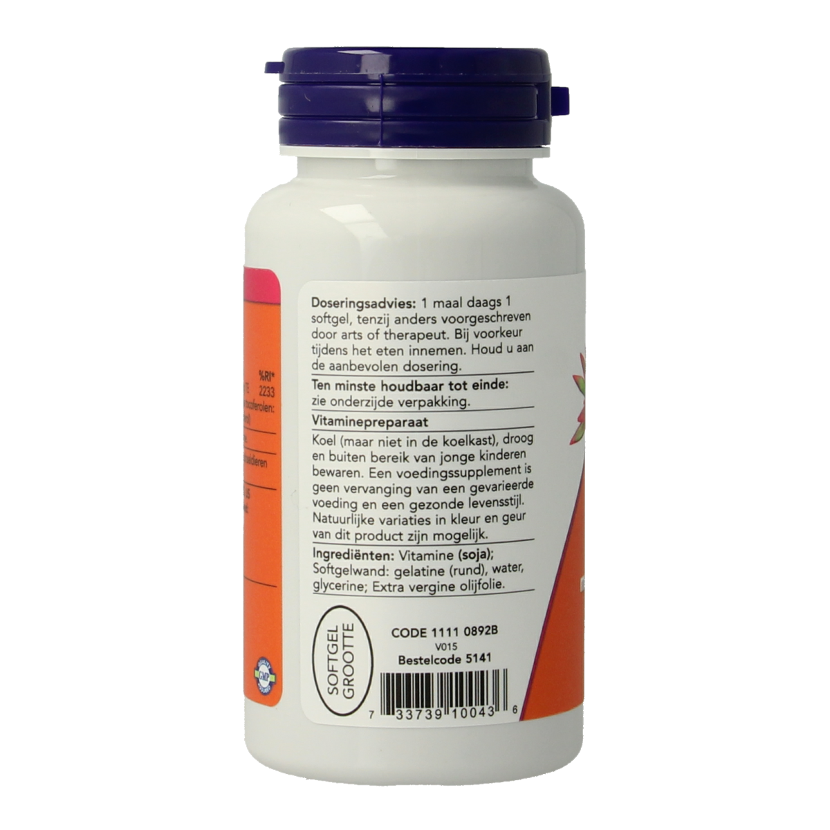 NOW Vitamine E-400 softgels with mixed tocopherols, dietary supplement in a clear bottle, showing 100 softgel capsules.