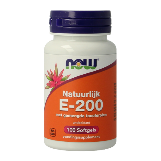 NOW Vitamine E-200 softgels with natural mixed tocopherols, dietary supplement, clear softgel capsules, supplement bottle.