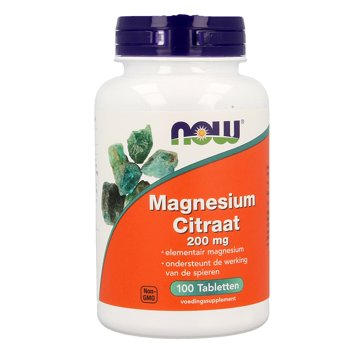 NOW Magnesium Citrate 200mg supplement bottle with 100 tablets, featuring clear label and white bottle cap.