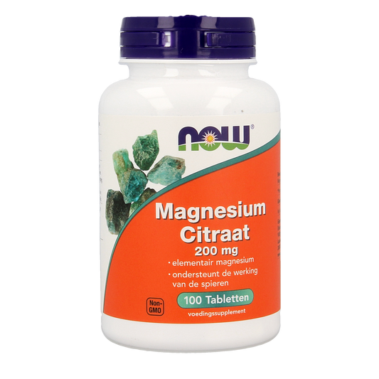 NOW Magnesium Citrate 200mg supplement bottle with 100 tablets, featuring clear label and white bottle cap.