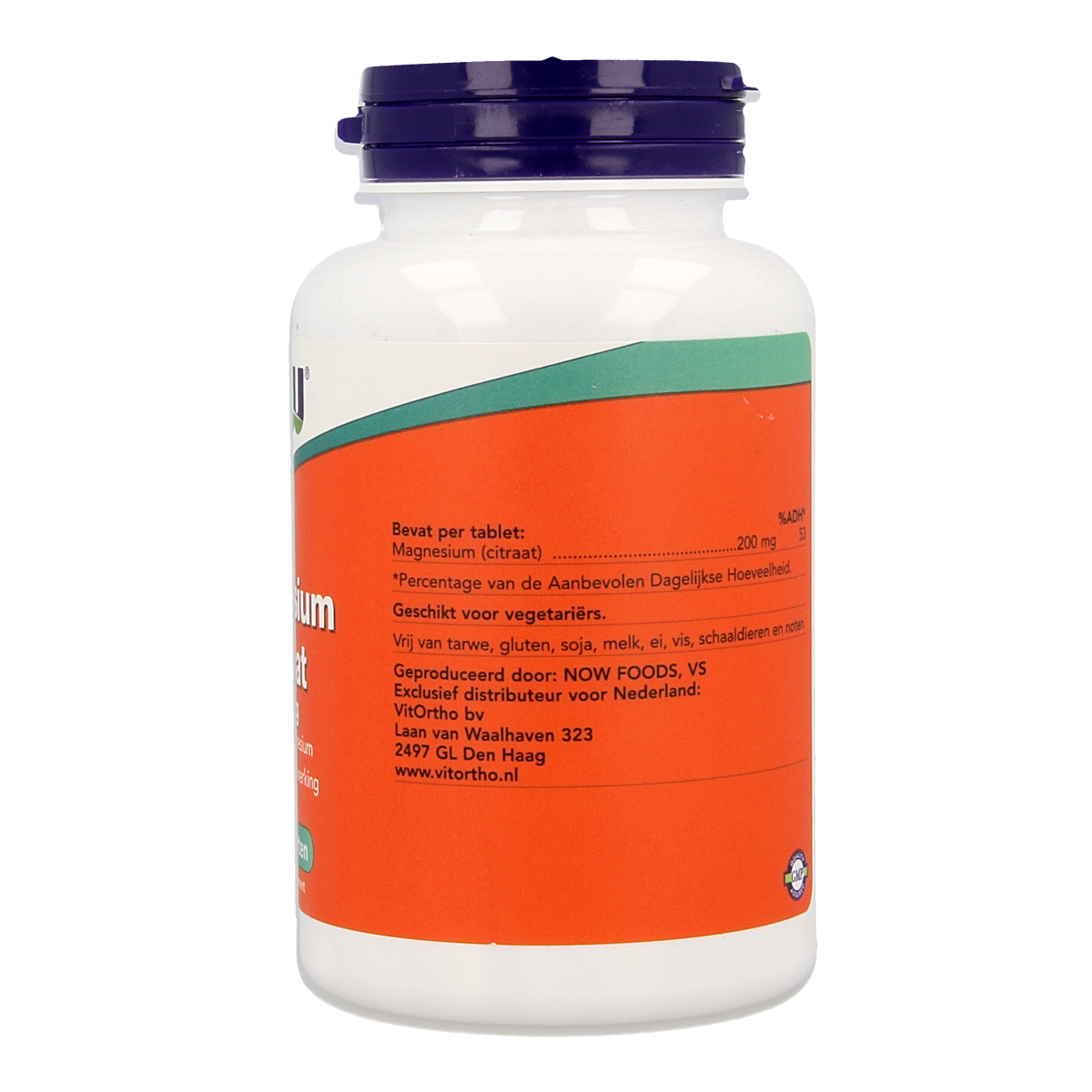NOW Magnesium Citrate 200mg mineral supplement tablets, showing a bottle with 100 tablets and label details.