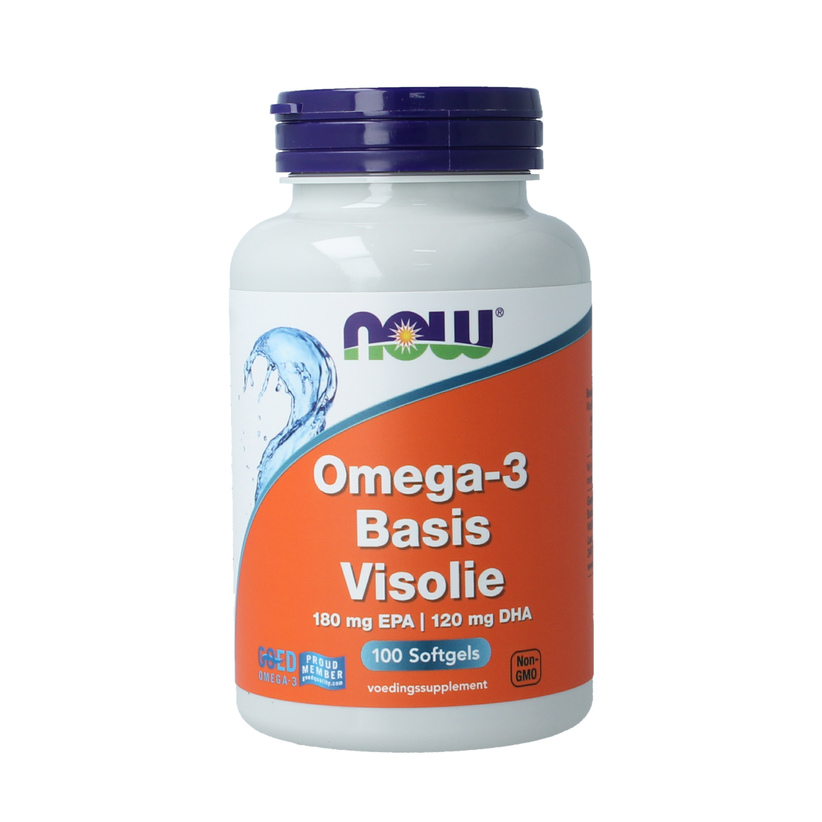 NOW Omega-3 Basis softgels with 180mg EPA and 120mg DHA, fish oil supplement in a clear bottle.