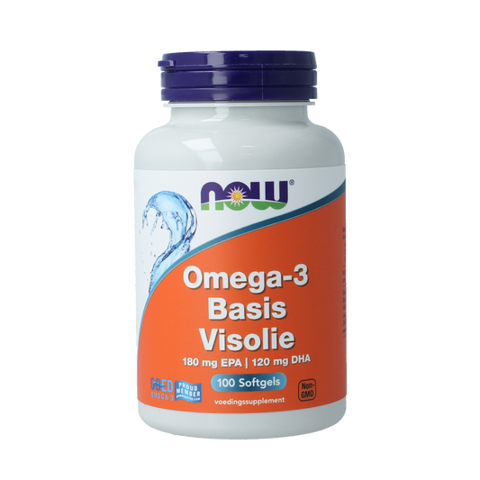 NOW Omega-3 Basis softgels with 180mg EPA and 120mg DHA, fish oil supplement in a clear bottle.