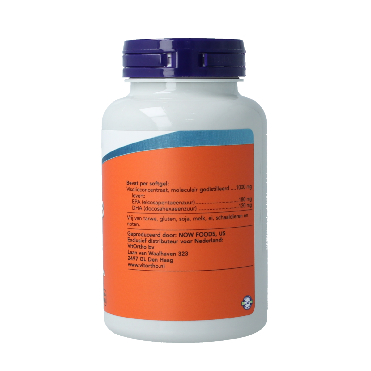 NOW Omega-3 Basis softgels with 180mg EPA and 120mg DHA, showing the clear softgel capsules in the image.