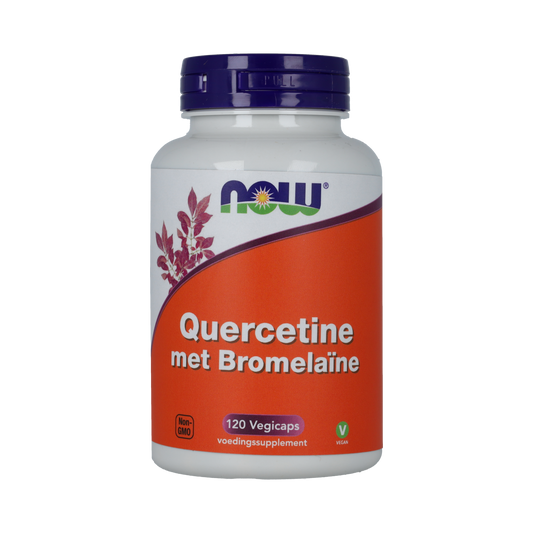 Vegetarian capsules of NOW Quercetin with Bromelain supplement, showing the product bottle with label and capsules inside.